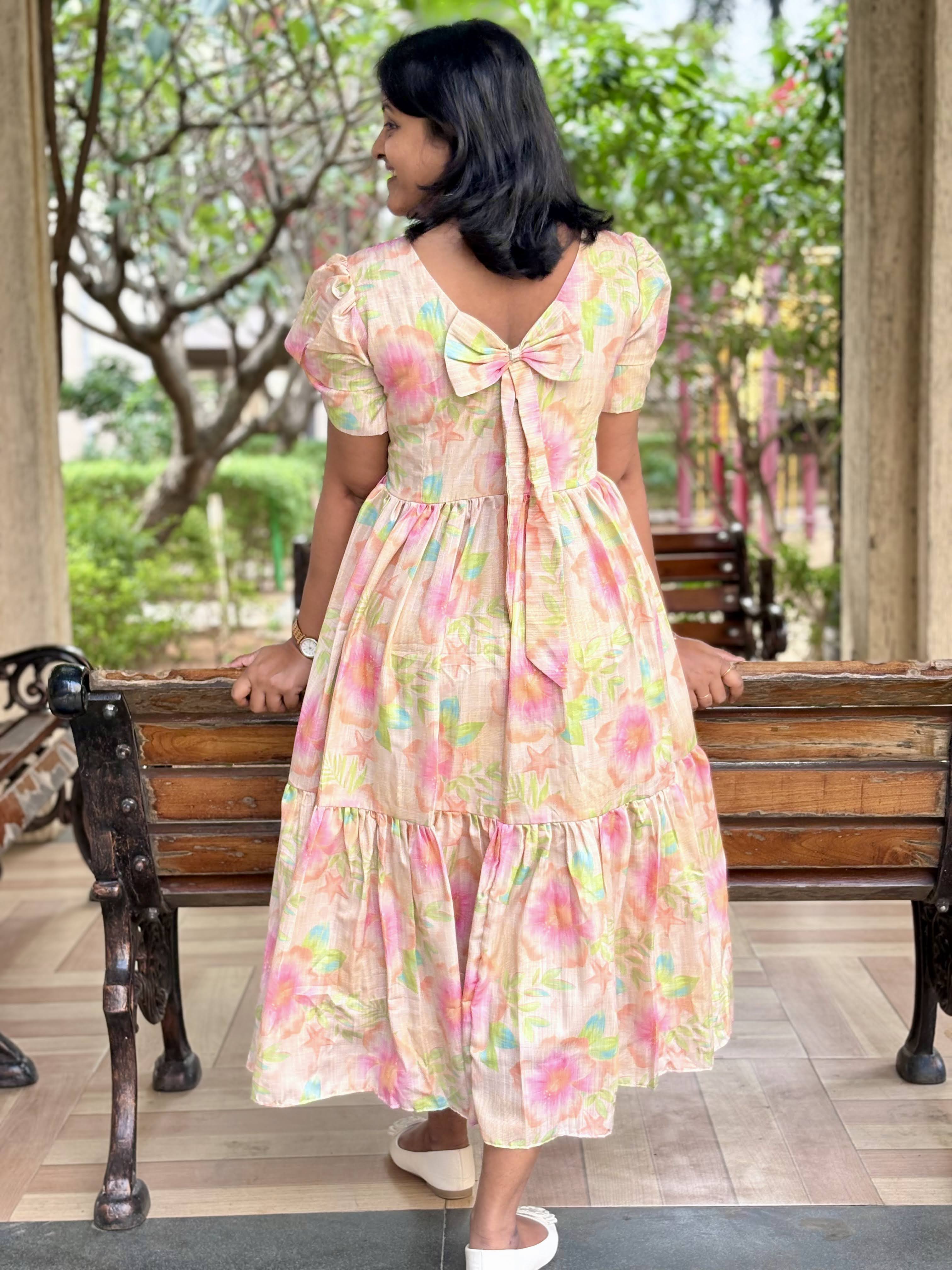 Morning Bloom-Pastel Linen dress with Bow